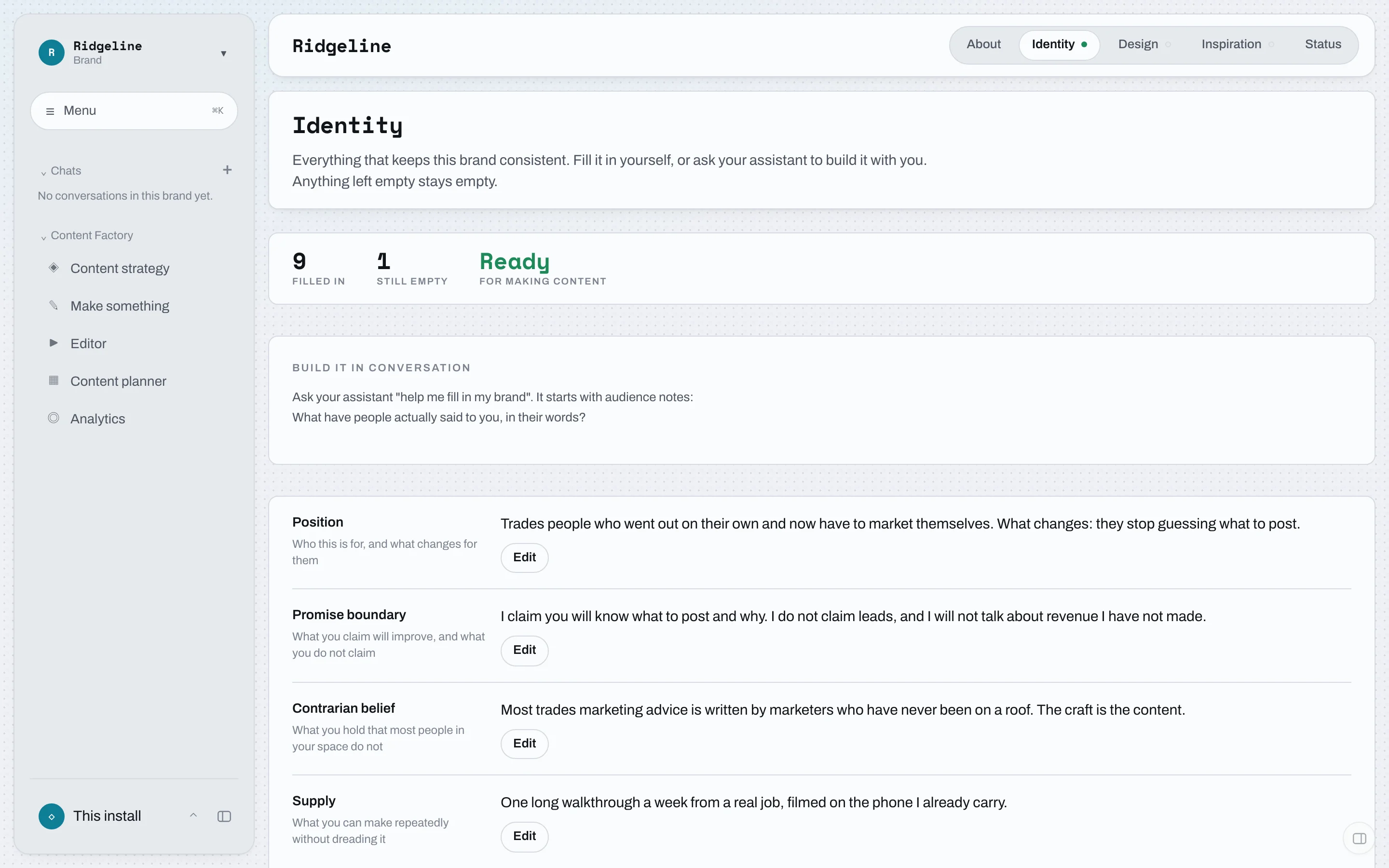 The Identity screen: the Brand Core's sections, each filled in or left empty, with a readiness count.